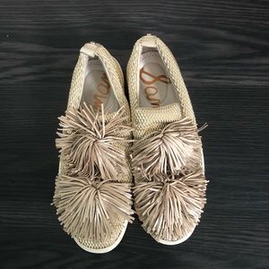 SAM EDELMAN Silver Emory Pom Pom Womens Size 9.5 Boat Shoe Slip On